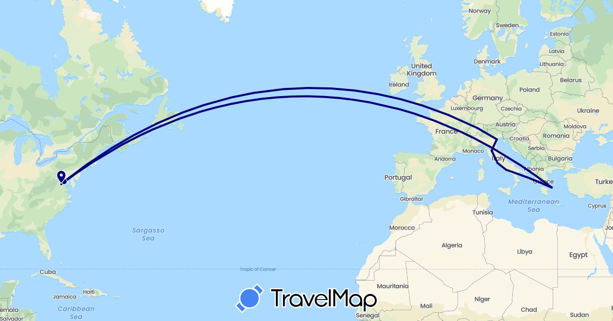 TravelMap itinerary: driving in Switzerland, France, Greece, Italy, United States (Europe, North America)