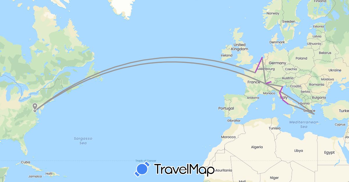 TravelMap itinerary: driving, plane, train in Switzerland, France, Greece, Italy, Netherlands, United States (Europe, North America)